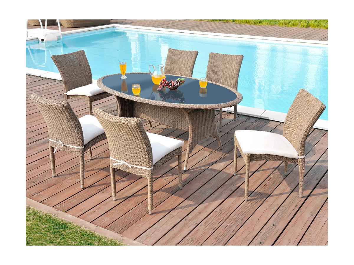 Salle à manger de jardin WHITEHEAVEN résine tressée caramel: table ... Salle à manger de jardin WHITEHEAVEN résine tressée caramel: table ...
